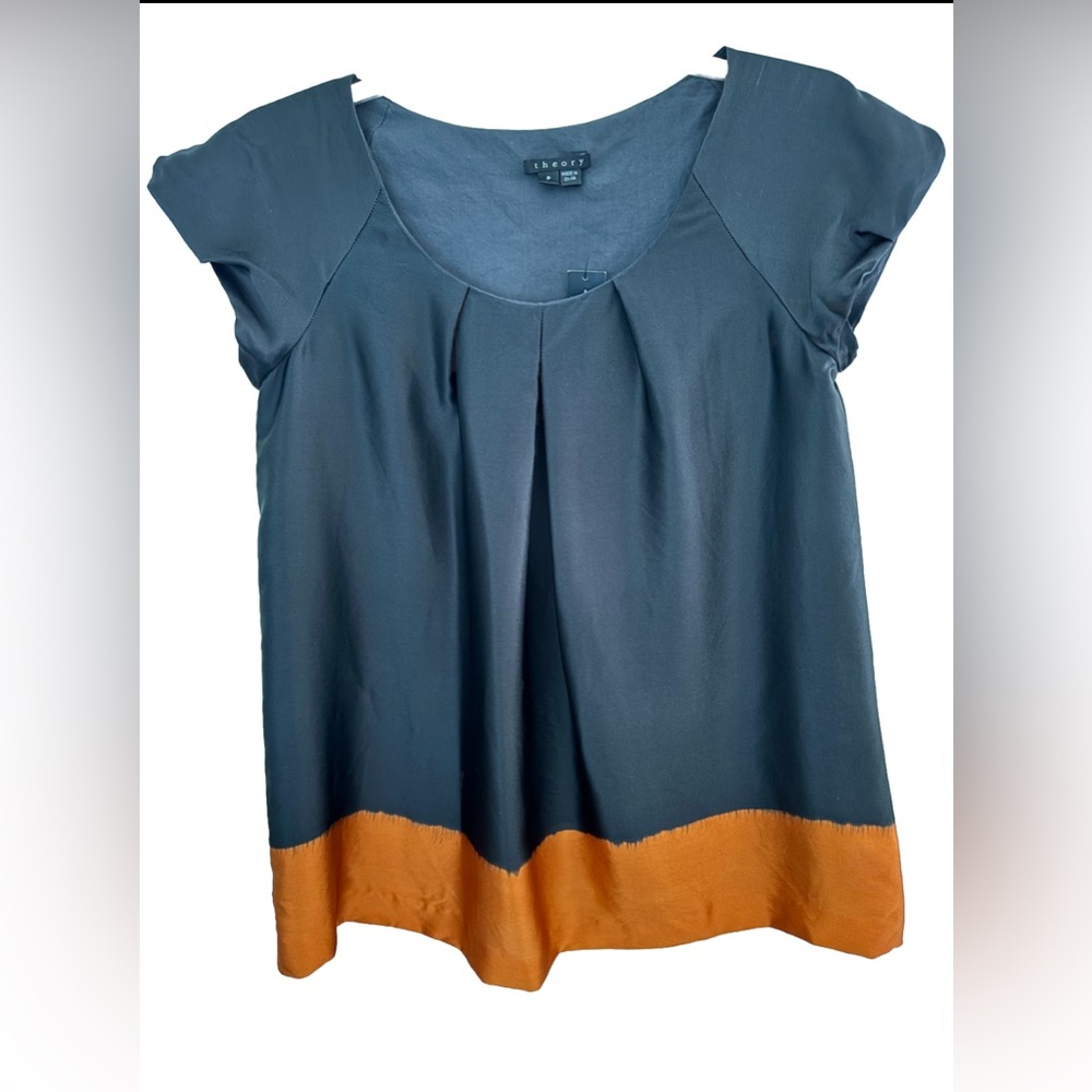 SALE $245 NWT Theory JADAI Top Blouse Sz P Black Two Tone Orange Short Sleeve